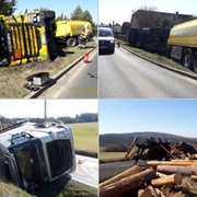 Převrácená cisterna s naftou i kamion se dřevem