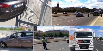 Náraz cisterny poslal auto přes celou šíři mostu