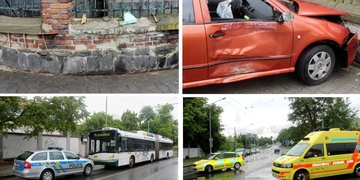 Senior nedal přednost trolejbusu, přeletěl trávník a havaroval do zdi - , 
