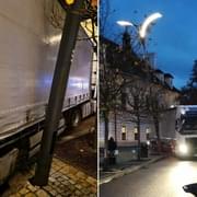 Večerní jízda kamionu - vyvrácená lampa, proražená závora a na několik hodin uzavřené náměstí