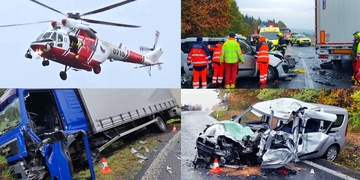 Po střetu osobního vozu s nákladním skončil řidič vážně zraněný a zaklíněný