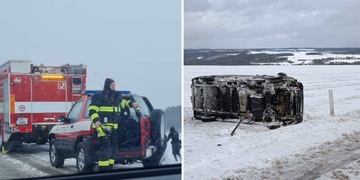 Dodávka vyletěla ze silnice a převrátila se na bok