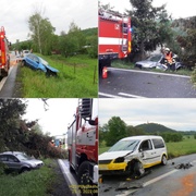 Jedno auto po smyku skončilo ve stromě, druhé v protijedoucím autě
