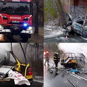 Auto po nárazu do viaduktu začalo hořet