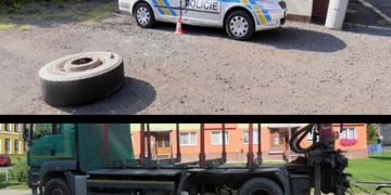 Náklaďáku upadlo za jízdy kolo a zdemolovalo auto Policie ČR