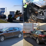 Převrácené auto, střet vozu s motorkou i auto skřípnuté dvěma kamiony