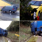 Pád skútristky, střet vozů i kamion mimo dálnici