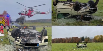 Vážná nehoda, vůz se několikrát převrátil přes střechu, na místo musel letět vrtulník LZS