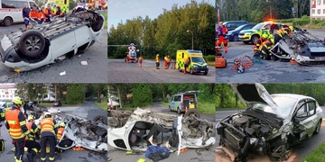 Čelní střet skončil převrácením jednoho z vozů a zaklíněním ženy