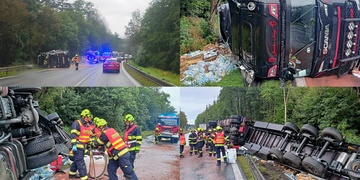 Kamion přepravující minerálky se převrátil