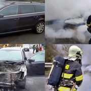 Požár auta na dálnici D5 před sjezdem na Ejpovice