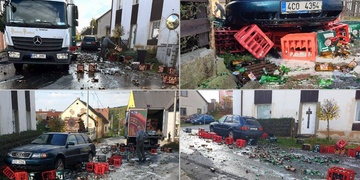 Pivo z náklaďáku zasypalo silnici i kolem projíždějící auto