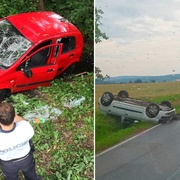Jeden řidič skončil v potoce, druhý zase na střeše v příkopu
