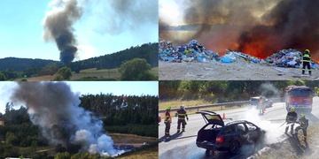 Rozsáhlý požár skládky i hořící auto