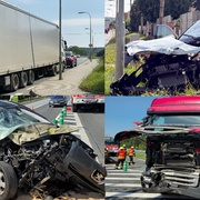 Kamion auto zcela zdemoloval a odchodil na chodník