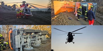 Vážně zraněný řidič zůstal zaklíněný v kabině převrácené sklápěčky