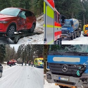 Střet domíchávače betonu s vozidlem táhnoucím vlek s přepravovaným autem