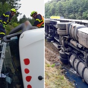 Převrácený kamion na dálnici D5