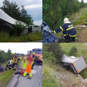Kamion na D5 smetl auto a poté spadl na silnici vedoucí pod dálnicí