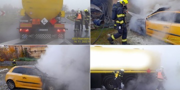 Hořela cisterna i auto