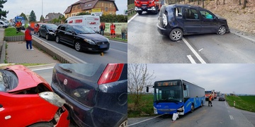 Srážka autobusu s osobním vozem, další vůz po nehodě zatarasil silnici a krátce poté se střetla tři další auta