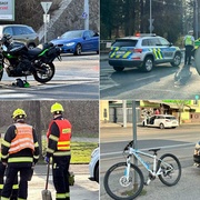 Střet aut s motorkářem i dítětem na kole