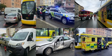 Střet tramvaje s dodávkou a osobním vozem