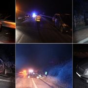 Jedno auto na boku, druhé ve svodidlech a třetí pod radlicí sypače