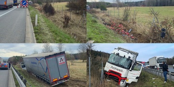 Kamion vyjel mimo dálnici a dál pokračoval příkopem ještě více než sto metrů