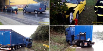 Pád skútristky, střet vozů i kamion mimo dálnici