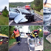 Po střetu s autem se kamion převrátil