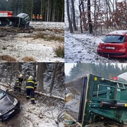 Další auta ve stromě i příkopech a také převrácený kamion, sníh dnes některé řidiče opravdu zaskočil