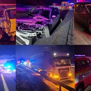 Střet kamionu se dvěma osobními vozy na dálnici D5