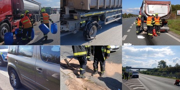 Roztržená pneumatika prorazila nádrž nákladního vozu a její fragmenty poškodily několik aut