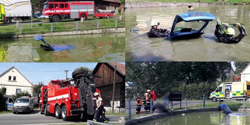 Vůz se třemi lidmi skončil v požární nádrži