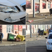 Auto na chodníku rozmetalo kontejnery i značku