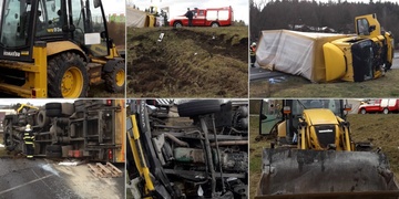 Po střetu s bagrem se kamion převrátil