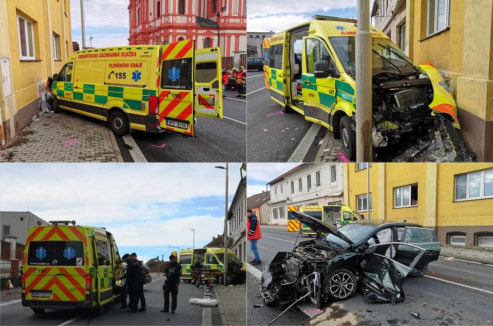 Serious Traffic Accident in Přeštice: Ambulance Collides with Car and Crashes into House