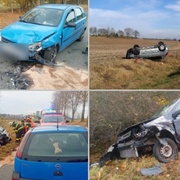 Převrácené auto i střet vozů